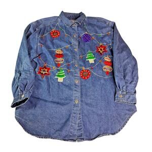 Vintage Tantrums Women's sz XL Christmas Denim Button Up Shirt Applique LS